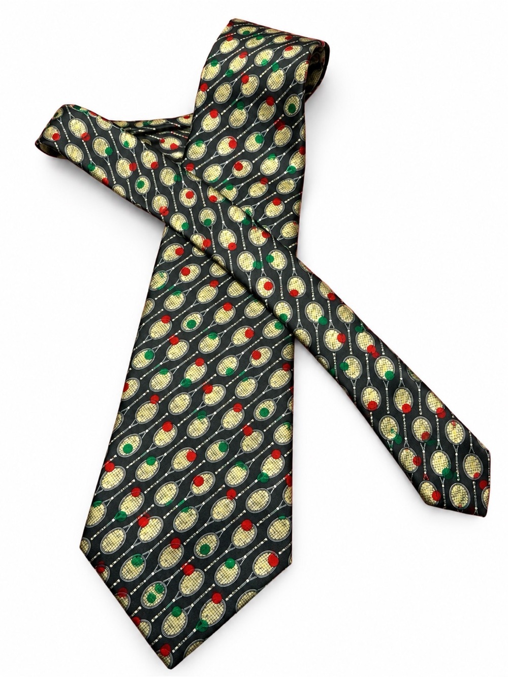 Mercedes Men's Silk Tennis Necktie Black Novelty Racket Print Tie 58"